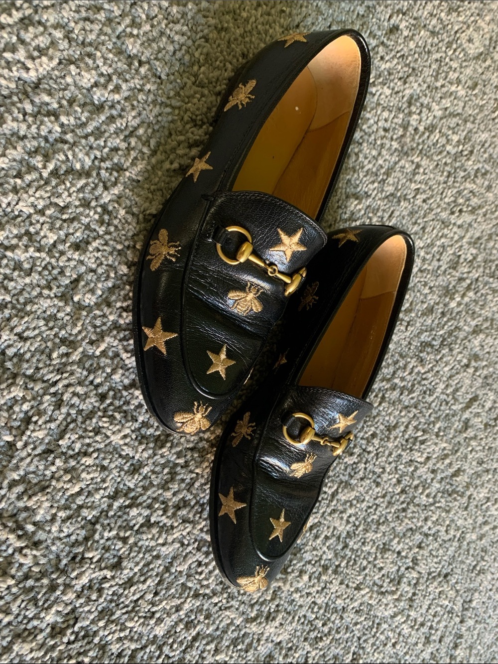 Gucci Black Leather Loafers with Gold Embroidered Stars & Bees - Picture 3 of 5
